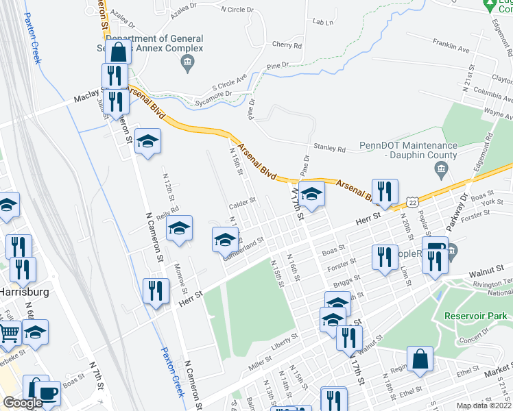 map of restaurants, bars, coffee shops, grocery stores, and more near 1329 North 15th Street in Harrisburg