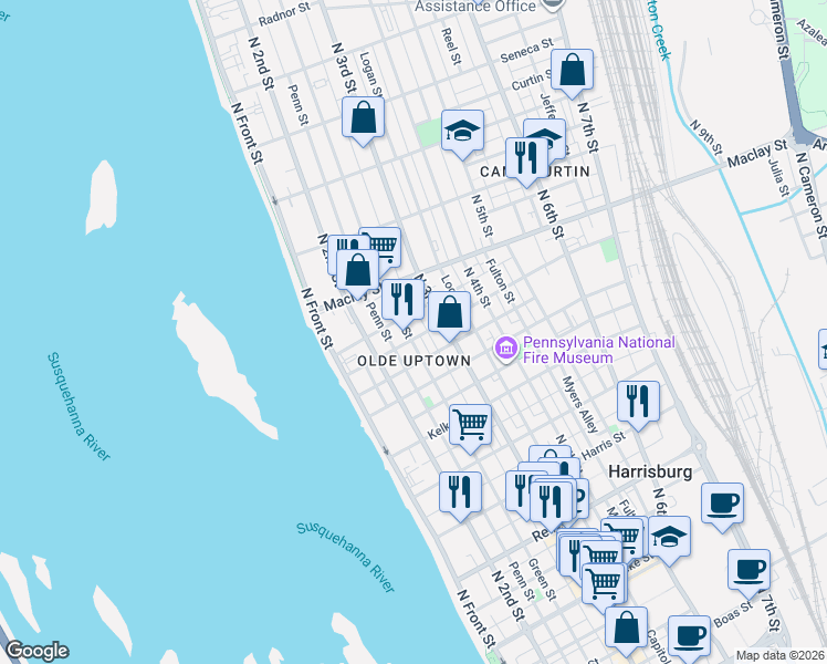 map of restaurants, bars, coffee shops, grocery stores, and more near 2024 Susquehanna Street in Harrisburg