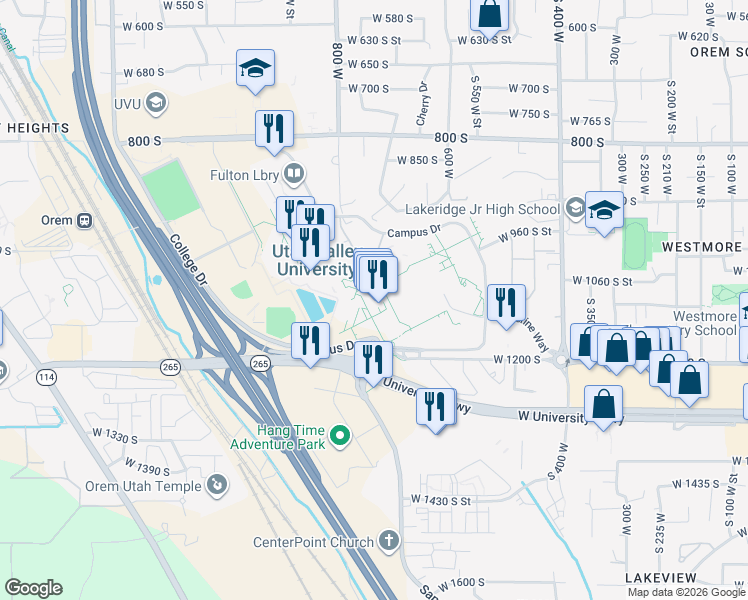 map of restaurants, bars, coffee shops, grocery stores, and more near 800 West University Parkway in Orem