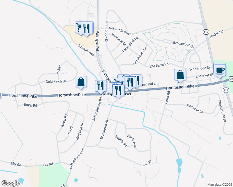 map of restaurants, bars, coffee shops, grocery stores, and more near 30 Lynmar Avenue in Palmyra