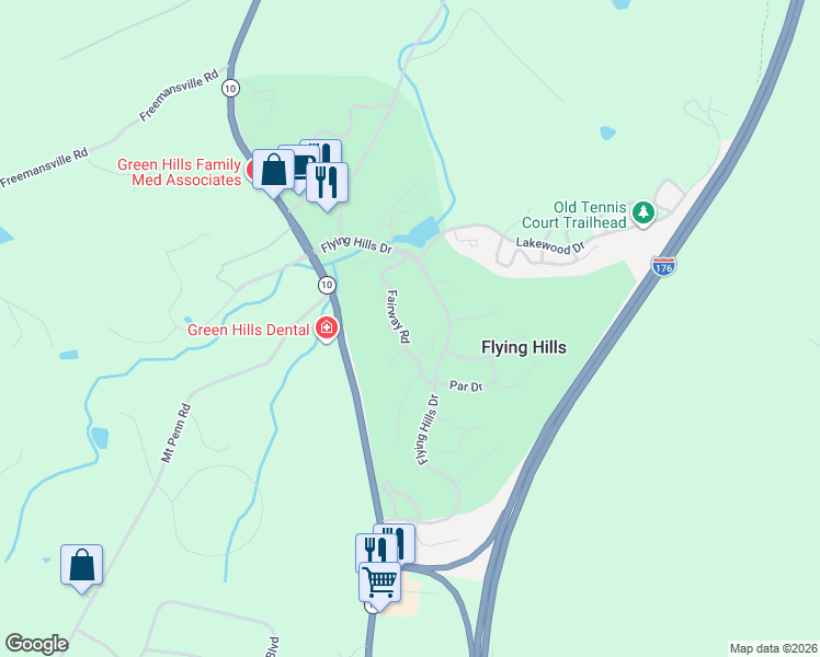 map of restaurants, bars, coffee shops, grocery stores, and more near 11C Fairway Road in Reading