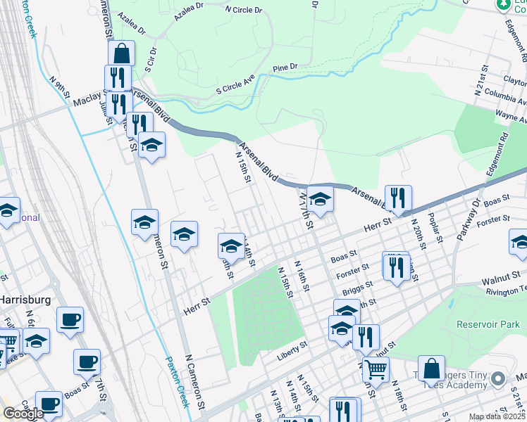 map of restaurants, bars, coffee shops, grocery stores, and more near 1329 North 15th Street in Harrisburg