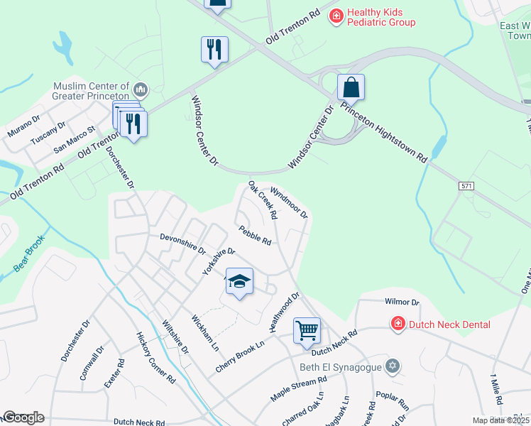 map of restaurants, bars, coffee shops, grocery stores, and more near 37 Spyglass Court in East Windsor