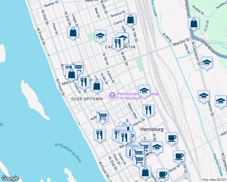 map of restaurants, bars, coffee shops, grocery stores, and more near 408 Muench Street in Harrisburg