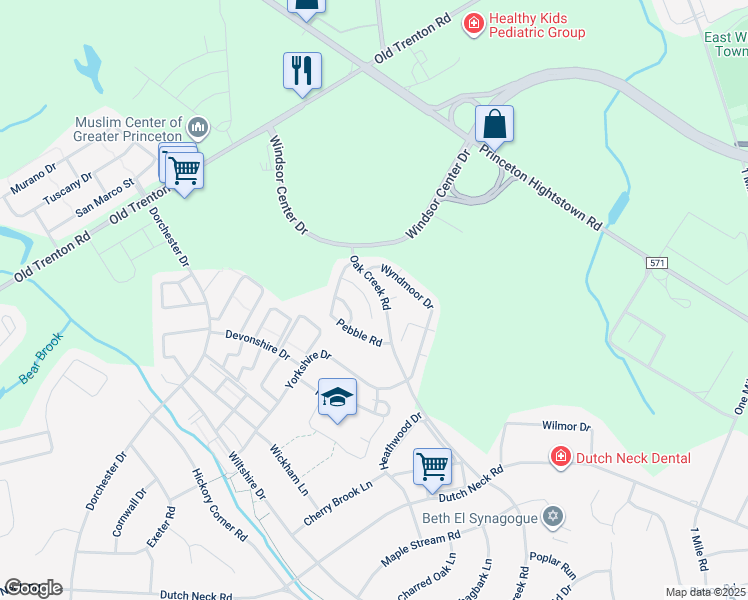 map of restaurants, bars, coffee shops, grocery stores, and more near 37 Spyglass Court in East Windsor