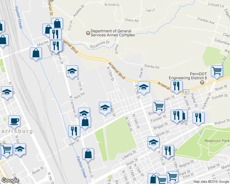 map of restaurants, bars, coffee shops, grocery stores, and more near 1340 North 15th Street in Harrisburg