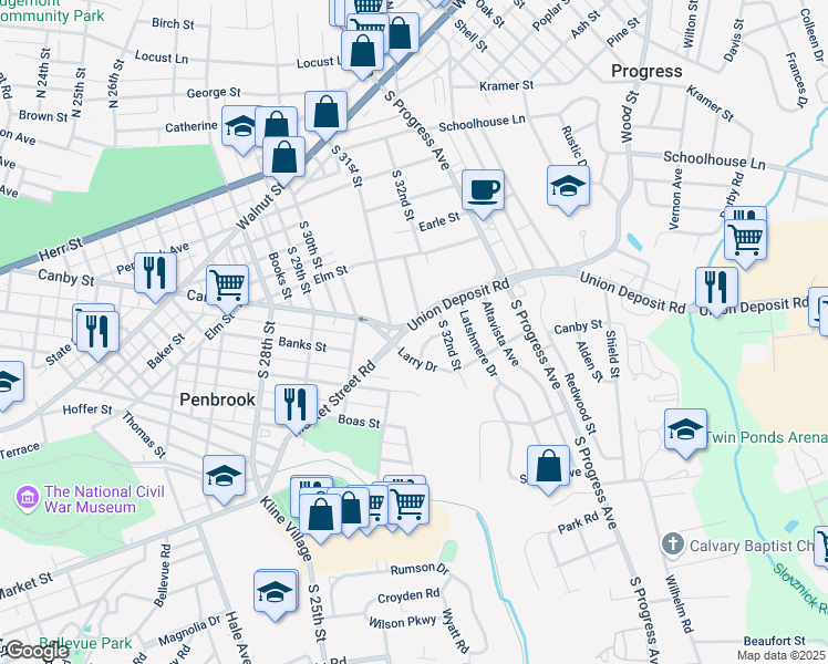 map of restaurants, bars, coffee shops, grocery stores, and more near 315 Stuart Place in Harrisburg
