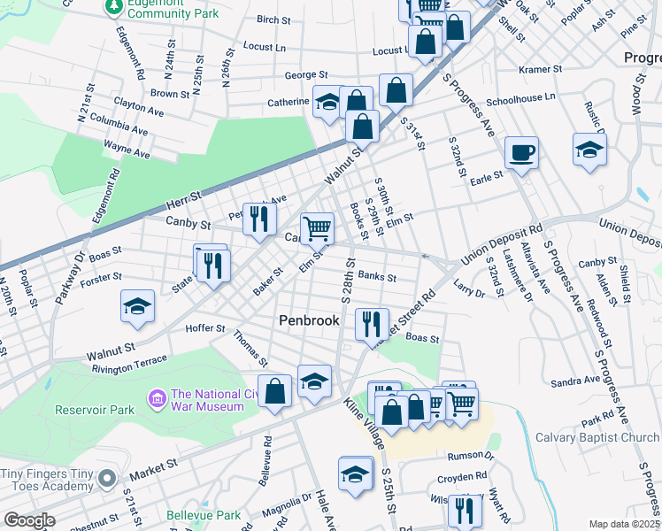 map of restaurants, bars, coffee shops, grocery stores, and more near 2726 Banks Street in Harrisburg