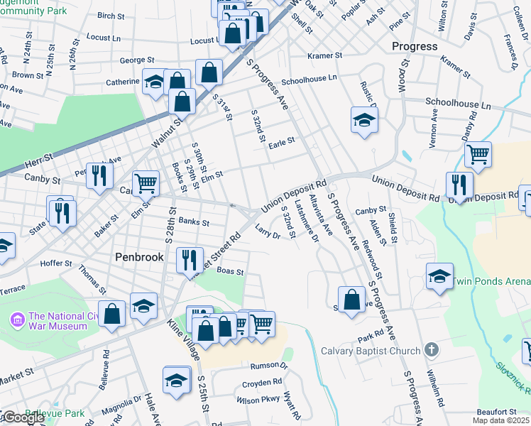 map of restaurants, bars, coffee shops, grocery stores, and more near 315 Stuart Place in Harrisburg
