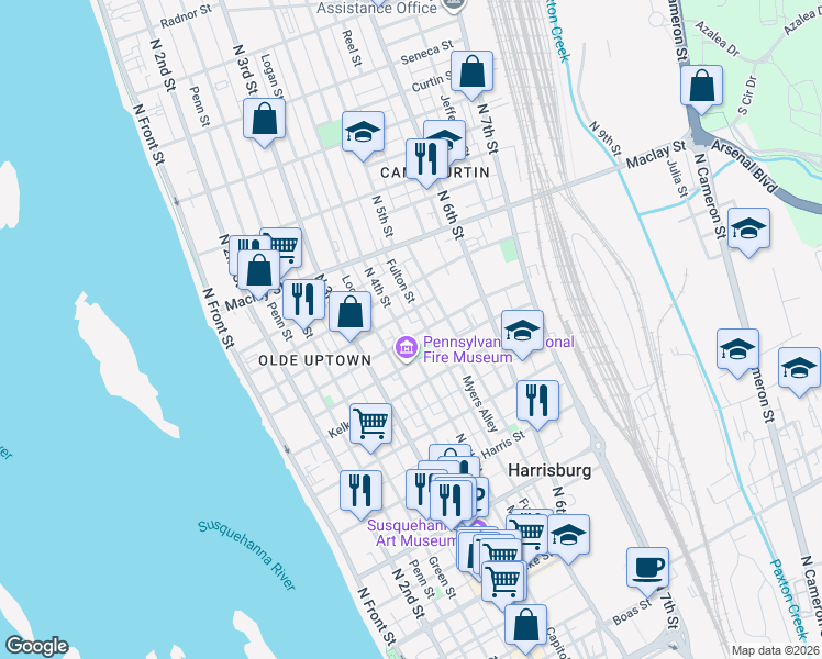 map of restaurants, bars, coffee shops, grocery stores, and more near 1915 Fulton Street in Harrisburg