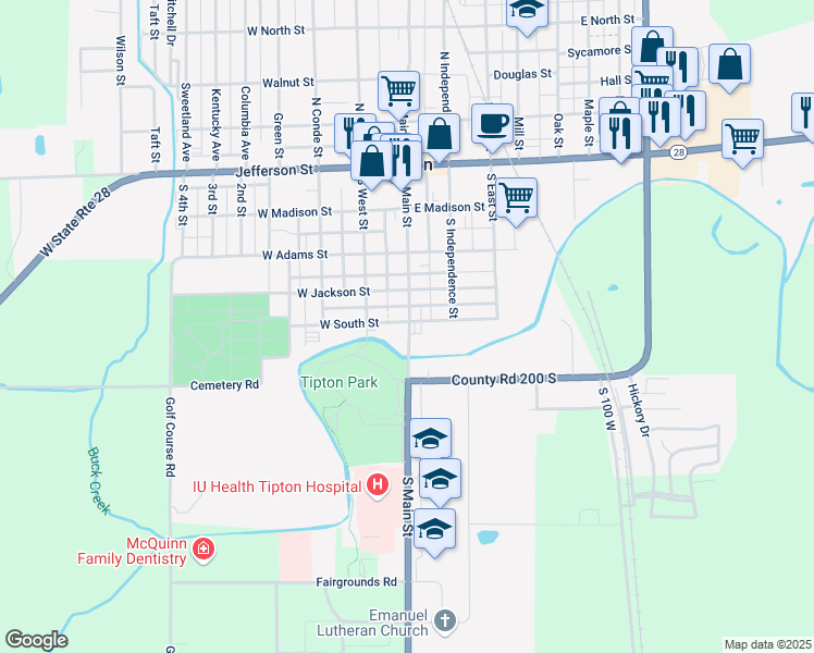 map of restaurants, bars, coffee shops, grocery stores, and more near 107 West South Street in Tipton
