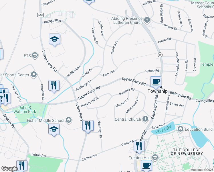 map of restaurants, bars, coffee shops, grocery stores, and more near 94 Upper Ferry Road in Ewing Township