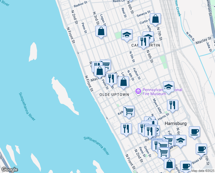 map of restaurants, bars, coffee shops, grocery stores, and more near 2015 Penn Street in Harrisburg