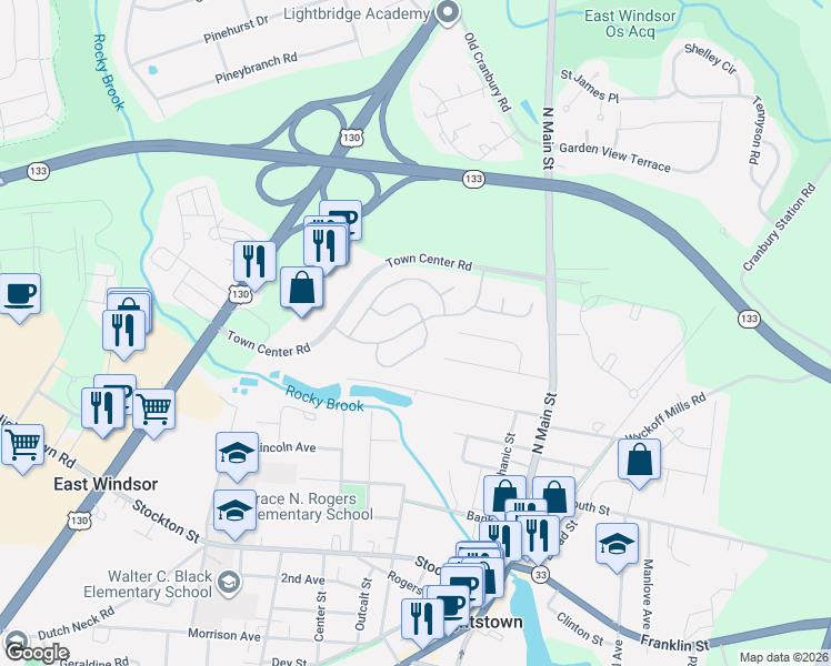 map of restaurants, bars, coffee shops, grocery stores, and more near 24 Sandstone Road in East Windsor