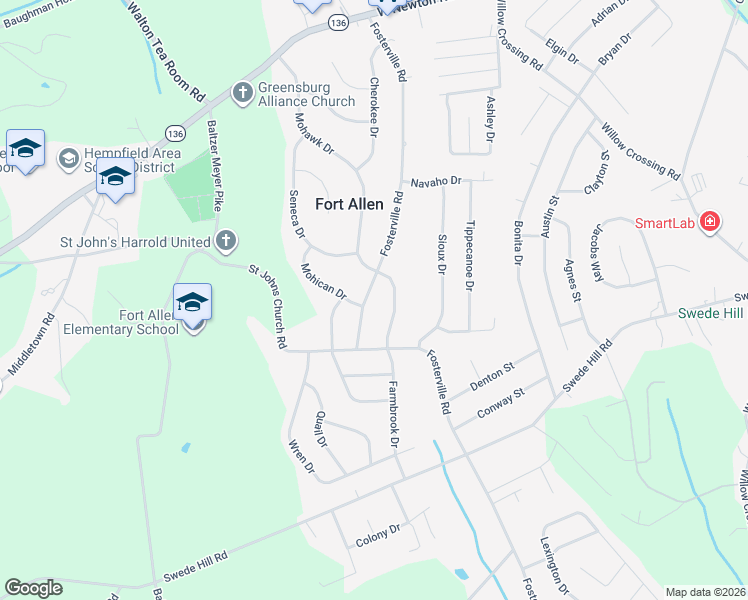 map of restaurants, bars, coffee shops, grocery stores, and more near 104 Fosterville Road in Greensburg