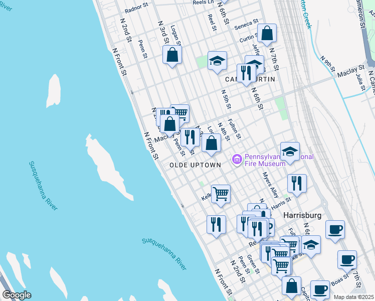 map of restaurants, bars, coffee shops, grocery stores, and more near 2010 Green Street in Harrisburg