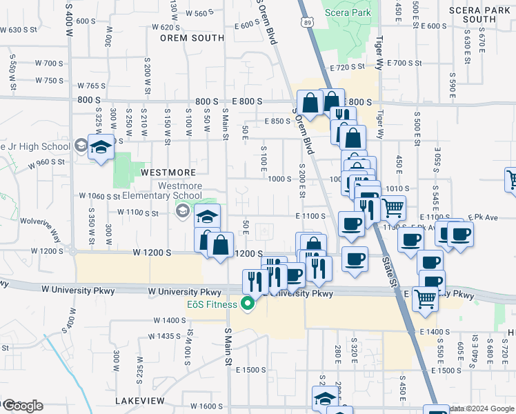 map of restaurants, bars, coffee shops, grocery stores, and more near 1085 South Anne Circle in Orem