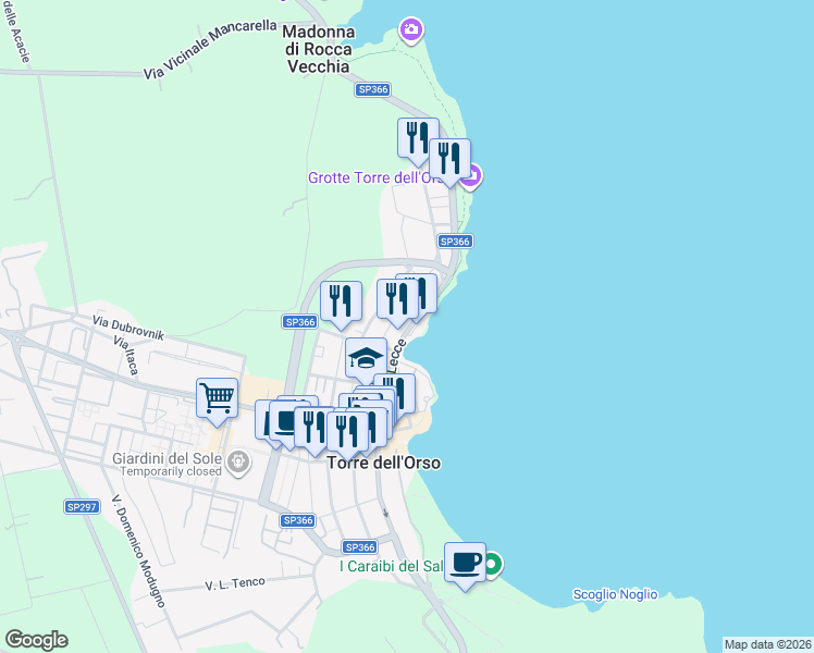 map of restaurants, bars, coffee shops, grocery stores, and more near 53 Via Giacomo Brodolini in Torre Dell'orso