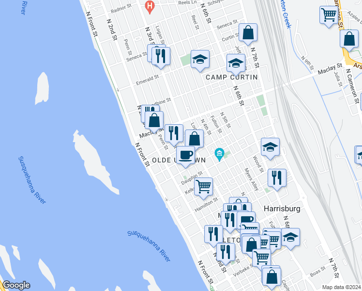 map of restaurants, bars, coffee shops, grocery stores, and more near 264 Peffer Street in Harrisburg