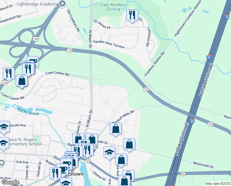 map of restaurants, bars, coffee shops, grocery stores, and more near 32 Powell Court in Hightstown