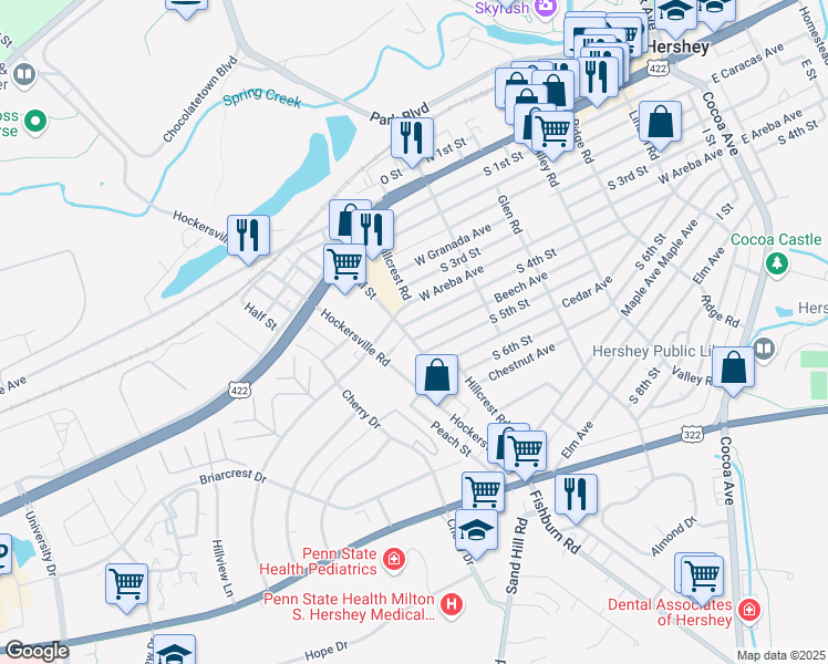 map of restaurants, bars, coffee shops, grocery stores, and more near 581 Beech Avenue in Hershey