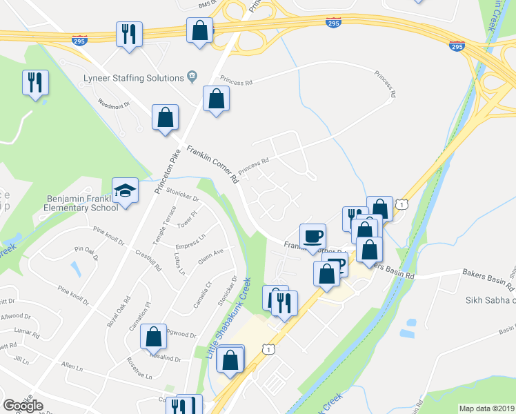map of restaurants, bars, coffee shops, grocery stores, and more near 704 Eagles Chase Drive in Lawrence Township