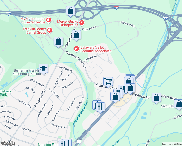 map of restaurants, bars, coffee shops, grocery stores, and more near 704 Eagles Chase Drive in Lawrence Township