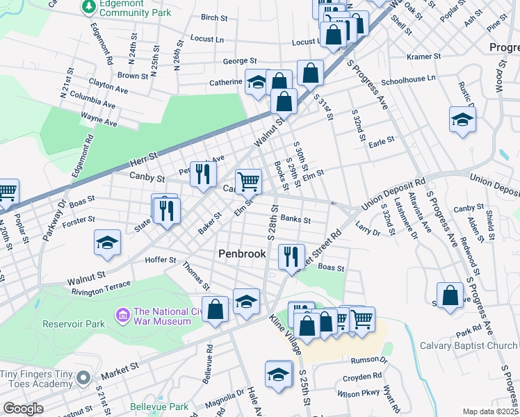 map of restaurants, bars, coffee shops, grocery stores, and more near 2726 Banks Street in Harrisburg