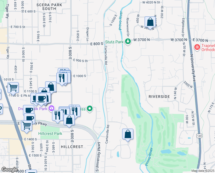 map of restaurants, bars, coffee shops, grocery stores, and more near 1178 Carterville Road in Orem