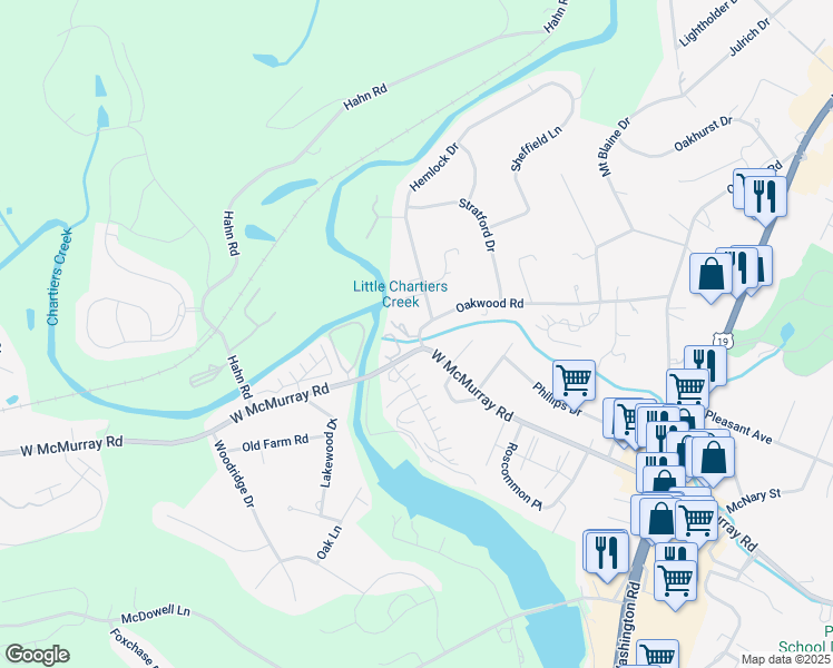 map of restaurants, bars, coffee shops, grocery stores, and more near 160 Oakwood Road in Canonsburg