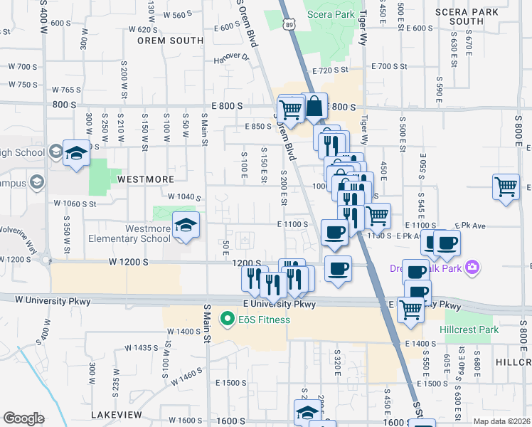 map of restaurants, bars, coffee shops, grocery stores, and more near 1052 Virginia Circle in Orem