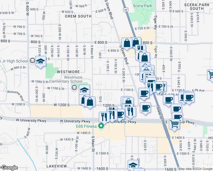 map of restaurants, bars, coffee shops, grocery stores, and more near 1055 South 80 East in Orem