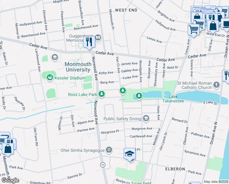 map of restaurants, bars, coffee shops, grocery stores, and more near 13 Clarence Avenue in Long Branch