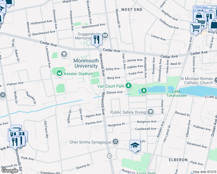 map of restaurants, bars, coffee shops, grocery stores, and more near 401 Clarence Avenue in Long Branch