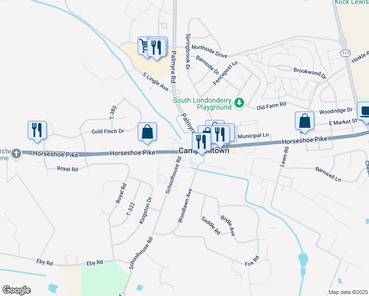 map of restaurants, bars, coffee shops, grocery stores, and more near 2895 Horseshoe Pike in Palmyra