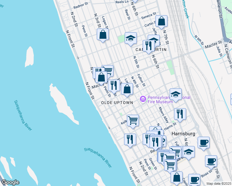 map of restaurants, bars, coffee shops, grocery stores, and more near 2024 Susquehanna Street in Harrisburg