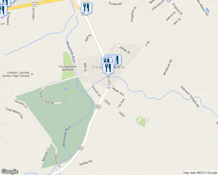 map of restaurants, bars, coffee shops, grocery stores, and more near 4458 Latrobe Street in Latrobe