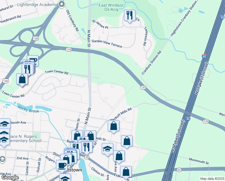 map of restaurants, bars, coffee shops, grocery stores, and more near 26 Powell Court in Hightstown