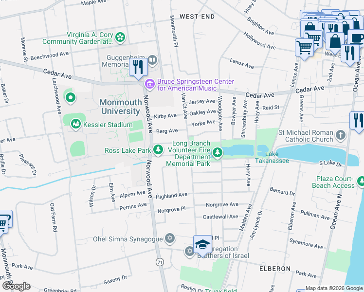 map of restaurants, bars, coffee shops, grocery stores, and more near 1 Clarence Avenue in Long Branch
