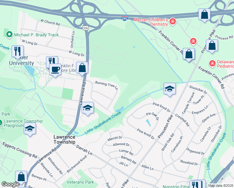 map of restaurants, bars, coffee shops, grocery stores, and more near 24 Burning Tree Lane in Lawrence Township
