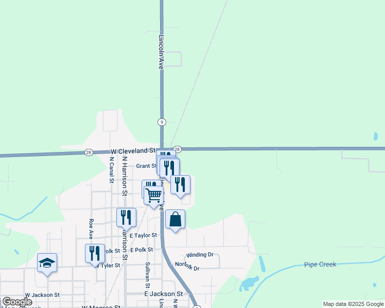 map of restaurants, bars, coffee shops, grocery stores, and more near 76 Indiana 28 in Alexandria
