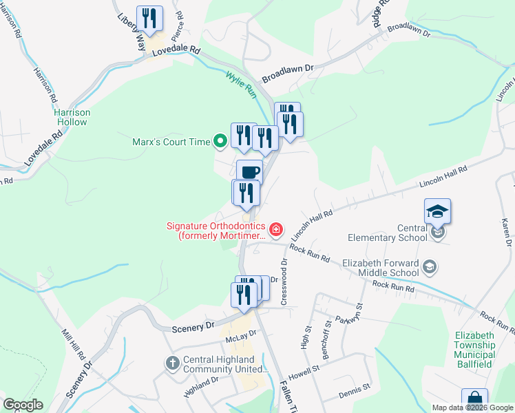 map of restaurants, bars, coffee shops, grocery stores, and more near 312 Scenery Drive in Elizabeth