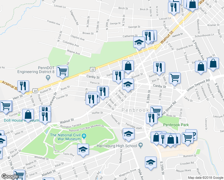 map of restaurants, bars, coffee shops, grocery stores, and more near 2502 Walnut Street in Harrisburg
