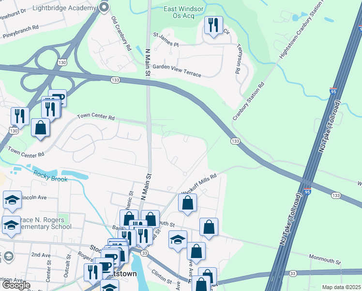 map of restaurants, bars, coffee shops, grocery stores, and more near 13 Powell Court in Hightstown