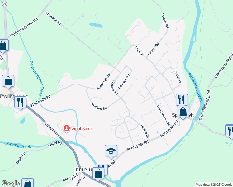 map of restaurants, bars, coffee shops, grocery stores, and more near 146 Grimley Road in Schwenksville