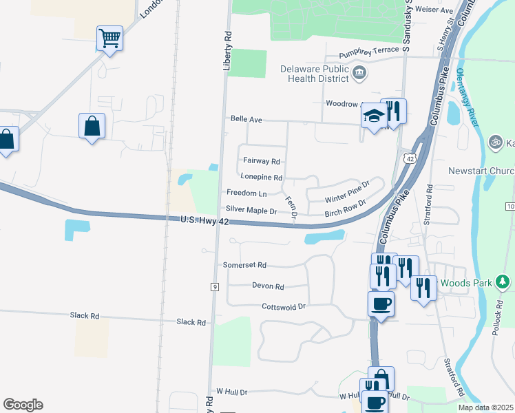map of restaurants, bars, coffee shops, grocery stores, and more near 222 Silver Maple Drive in Delaware