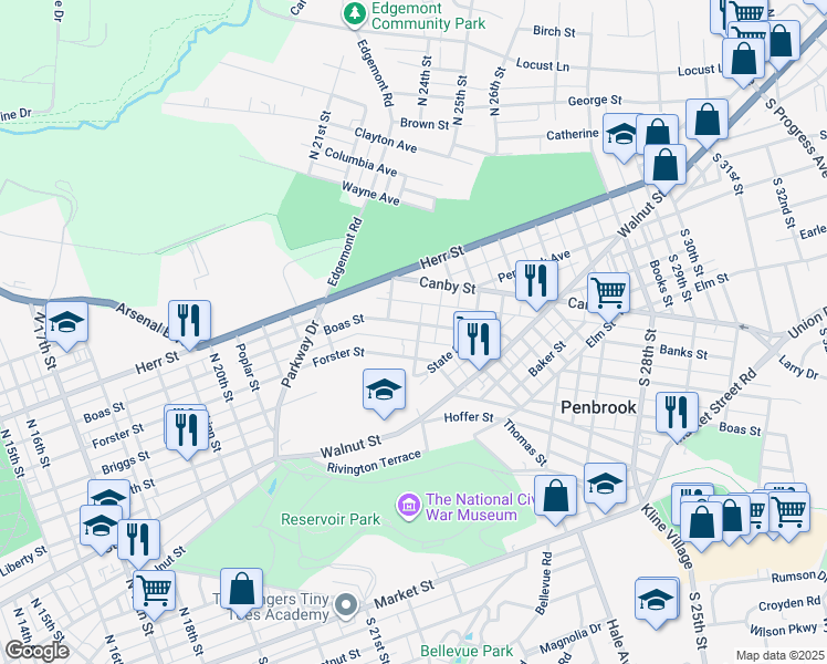 map of restaurants, bars, coffee shops, grocery stores, and more near 2261 Boas Street in Harrisburg