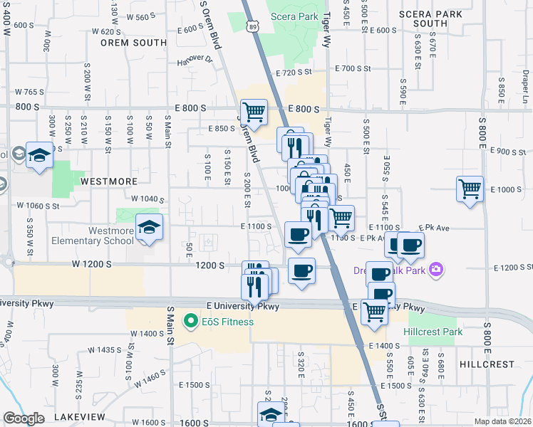map of restaurants, bars, coffee shops, grocery stores, and more near 1050 Orem Boulevard in Orem