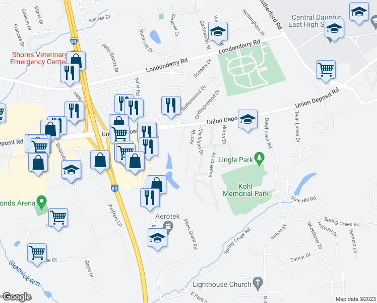 map of restaurants, bars, coffee shops, grocery stores, and more near 1085 Acri Drive in Harrisburg