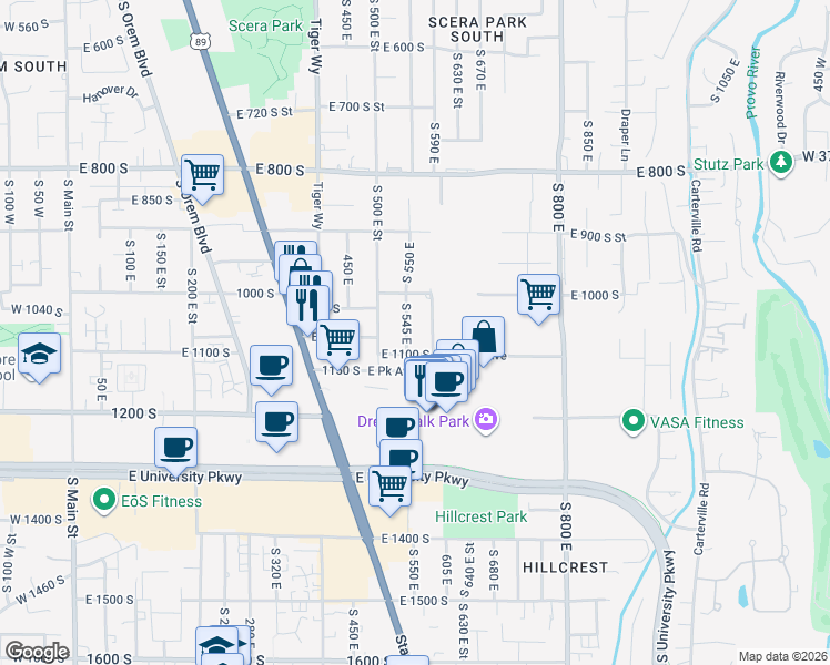 map of restaurants, bars, coffee shops, grocery stores, and more near 1048 South 545 East in Orem